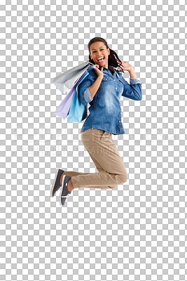 Buy stock photo Portrait, jump and woman with bags, shopping and happy girl isolated on a transparent background. Person, model and shopper with boutique items, celebration or sales with discount deal, retail or png