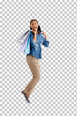 Buy stock photo Excited woman, jump and shopping bags in deal, sale or discount isolated on a transparent PNG background. Portrait of happy female person or shopper in air, joy or wow surprise for store promotion