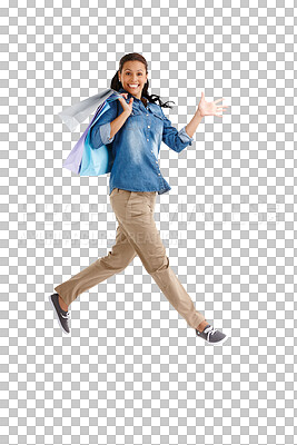 Buy stock photo Woman, winner jump and shopping bag in fashion sale, discount and retail celebration in air. Portrait of excited customer winning and running for clothes deal isolated on transparent, png background