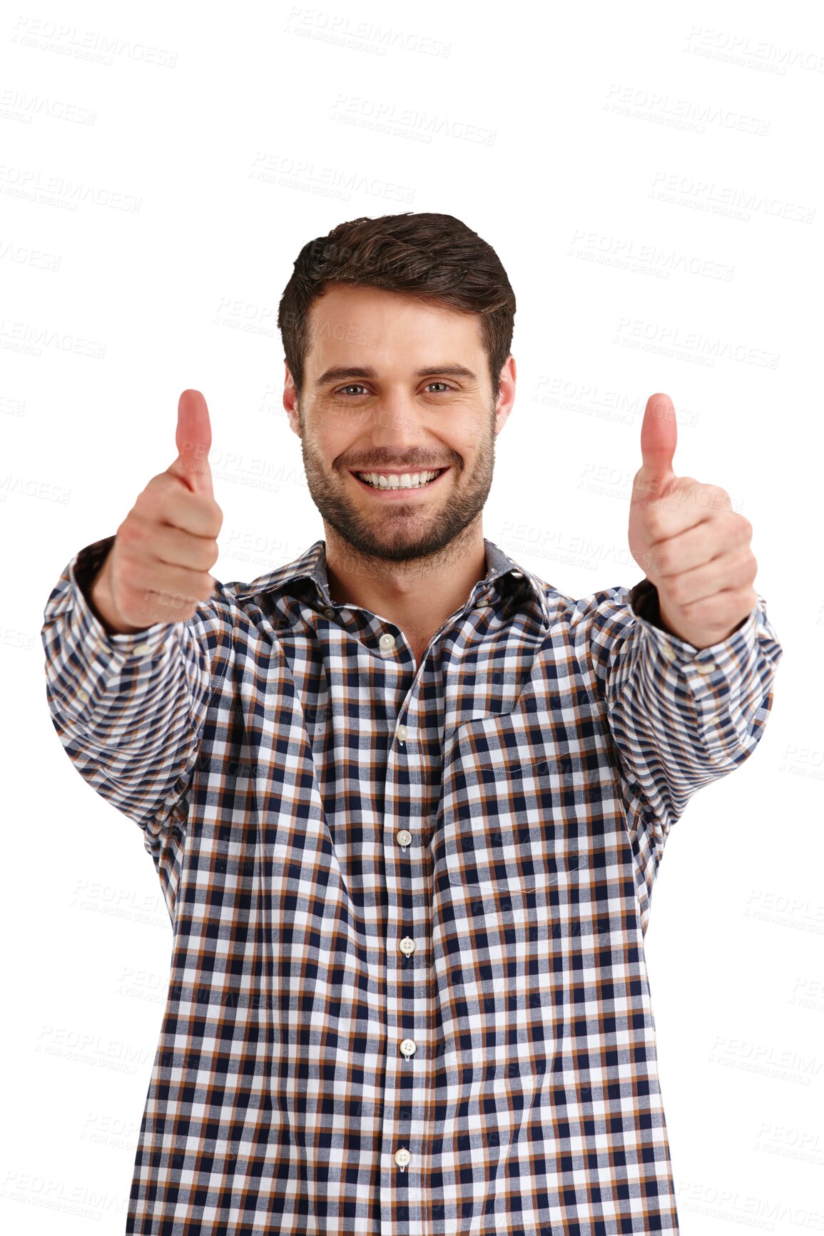 Buy stock photo Business man, thumbs up and success portrait for yes, thank you and winning or like emoji. Face of winner or employee at startup in ok, support or good job isolated on transparent png background