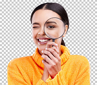 Happy, portrait and woman with a magnifier in a studio for an investigation or detective cosplay. Happiness, smile and headshot of a female model with a magnifying glass isolated by a blue background