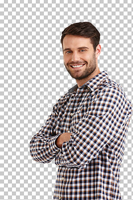 Buy stock photo Face, man and smile with arms crossed in studio isolated on a png transparent background for fashion. Portrait, person and confidence in casual clothes or stylish shirt with pride and happiness