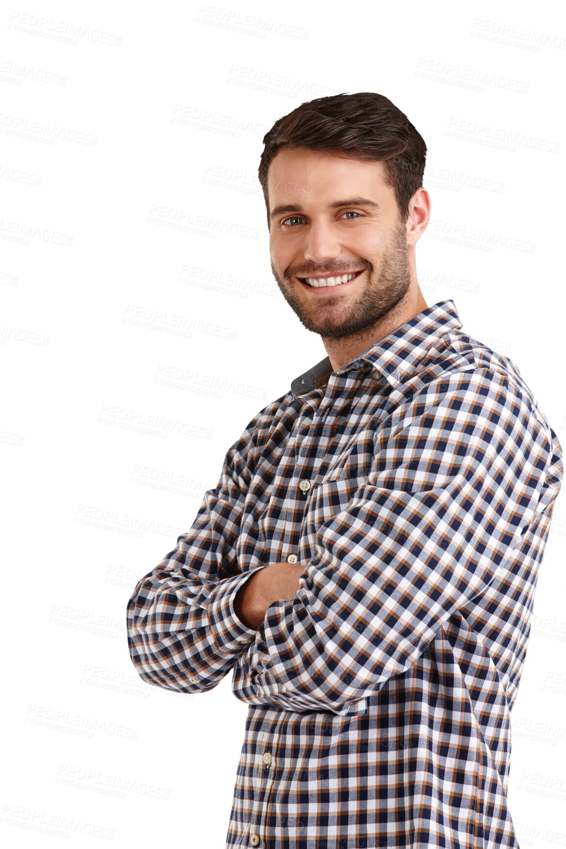 Buy stock photo Face, man and smile with arms crossed in studio isolated on a png transparent background for fashion. Portrait, person and confidence in casual clothes or stylish shirt with pride and happiness