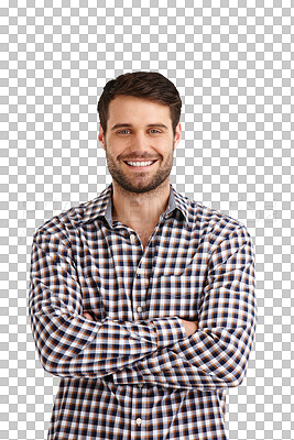 Buy stock photo Portrait, smile and man with arms crossed for fashion isolated on a transparent png background. Confidence, happy face and cool style of person in casual clothes, trendy shirt and outfit in Australia