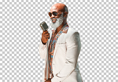 Buy stock photo Music, microphone and senior black man singer isolated on a transparent background for concert or performance. Party, jazz or karaoke with a happy elderly person singing a song on PNG at an event