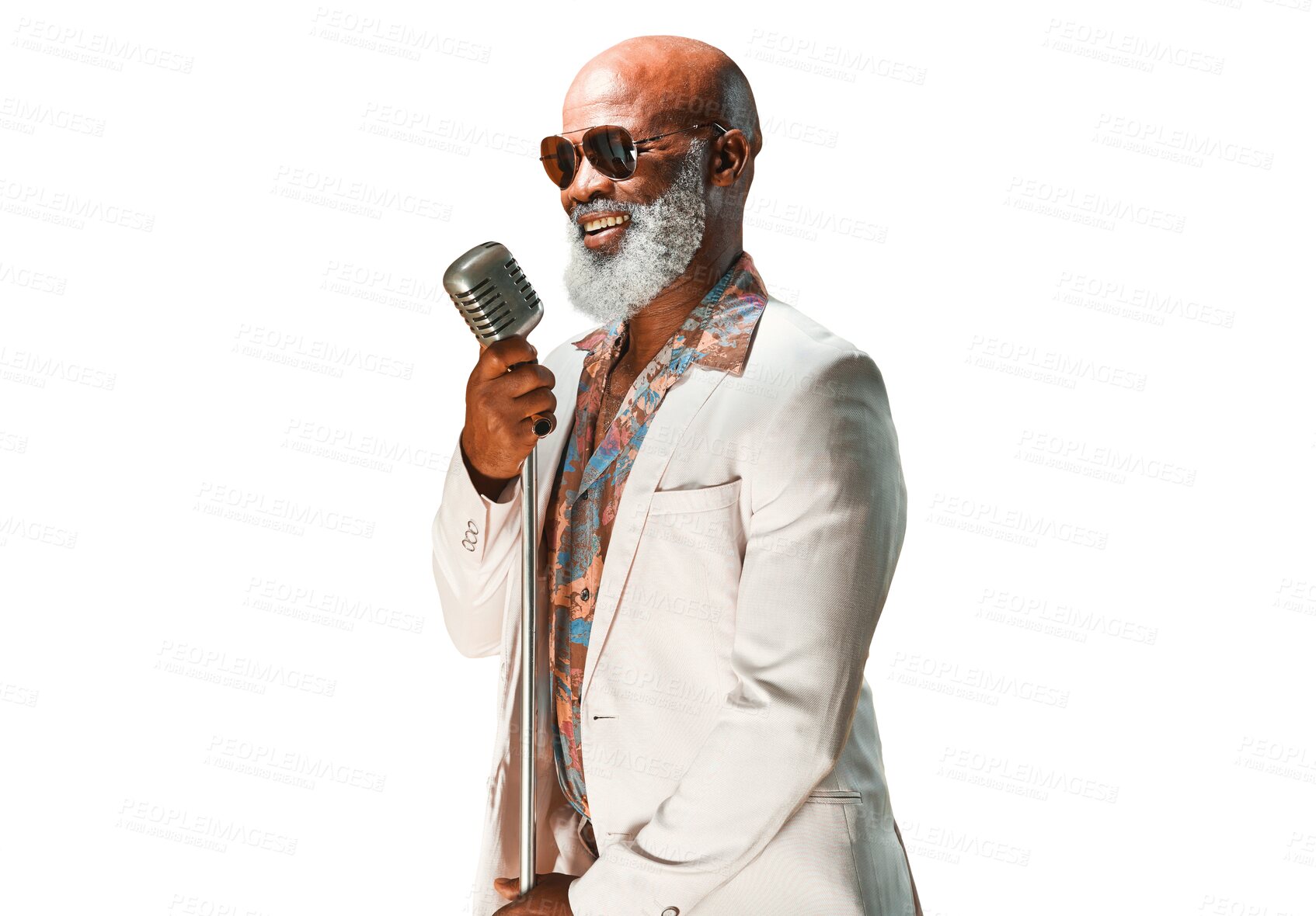 Buy stock photo Music, microphone and senior black man singer isolated on a transparent background for concert or performance. Party, jazz or karaoke with a happy elderly person singing a song on PNG at an event