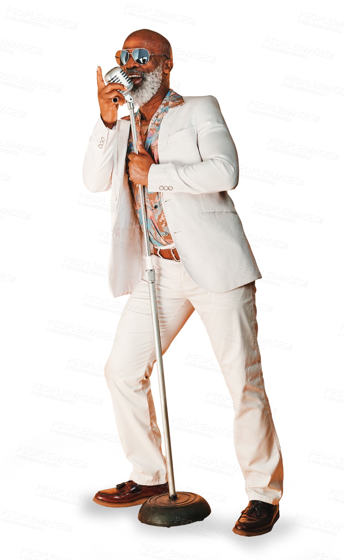 Buy stock photo Music, karaoke and senior black man singer isolated on a transparent background for concert or performance. Party, jazz or microphone with a happy elderly person singing a song on PNG at an event