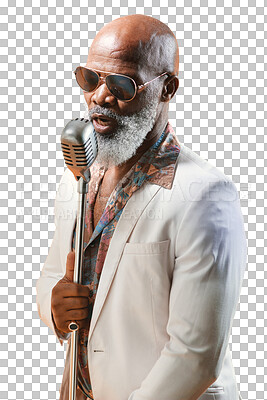 Buy stock photo Jazz, microphone and senior black man singer isolated on a transparent background for concert or performance. Party, music or karaoke with a happy elderly person singing a song on PNG at an event