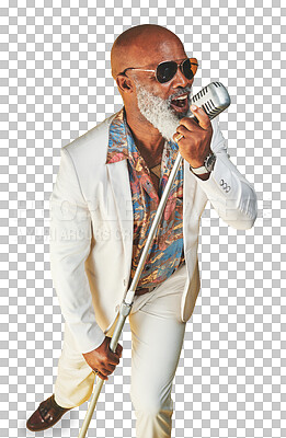 Buy stock photo Music, concert and elderly black man singer isolated on a transparent background for karaoke or performance. Party, jazz or microphone with a happy senior person singing a song on PNG at an event