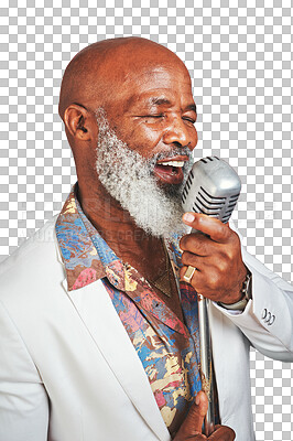 Buy stock photo Music, fashion and senior black man singer isolated on a transparent background for concert or performance. Microphone, jazz or karaoke with a happy elderly person singing a song on PNG at an event