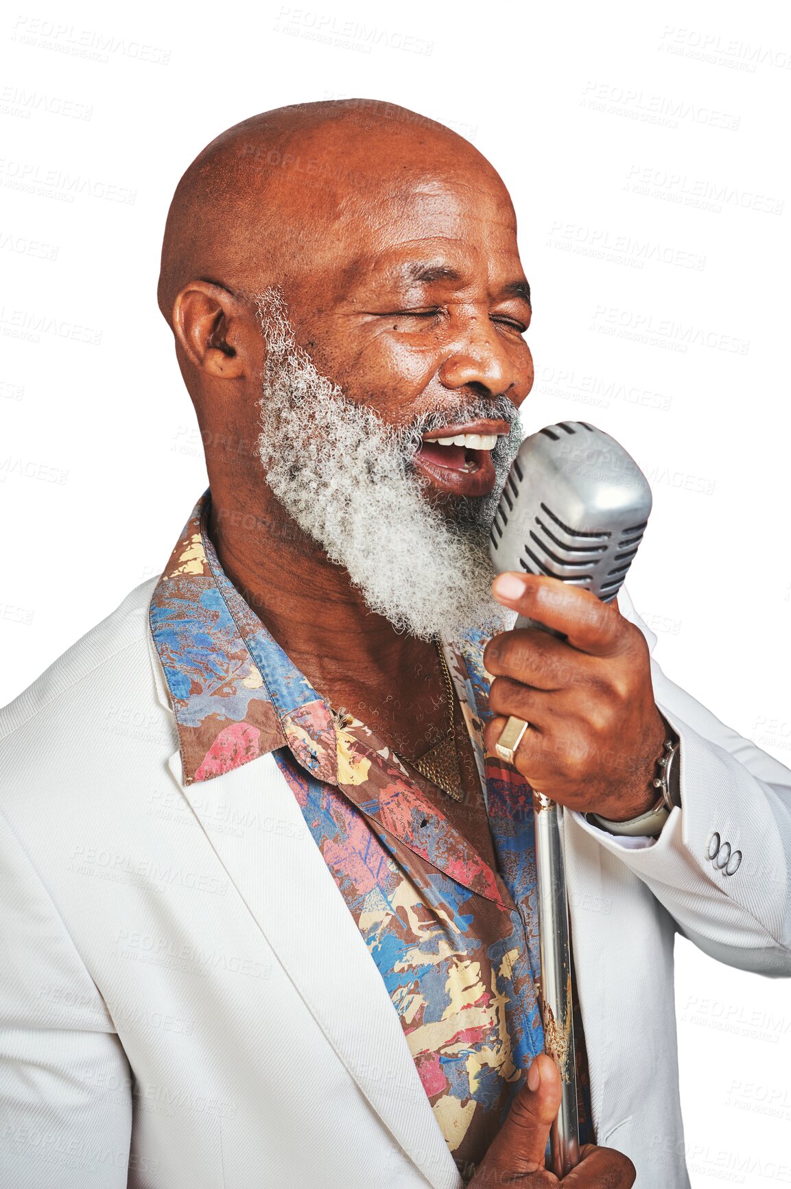 Buy stock photo Music, fashion and senior black man singer isolated on a transparent background for concert or performance. Microphone, jazz or karaoke with a happy elderly person singing a song on PNG at an event