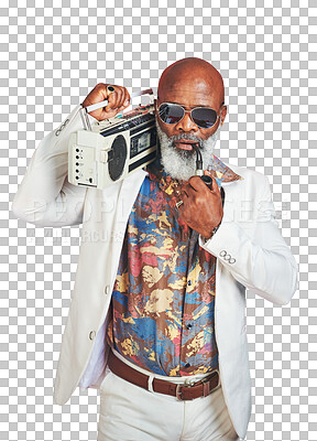 Buy stock photo Senior man, vintage clothing and fashion with boombox, music and model isolated on a transparent background. Portrait, face and mature person with style, trendy and retro outfit with sound and png