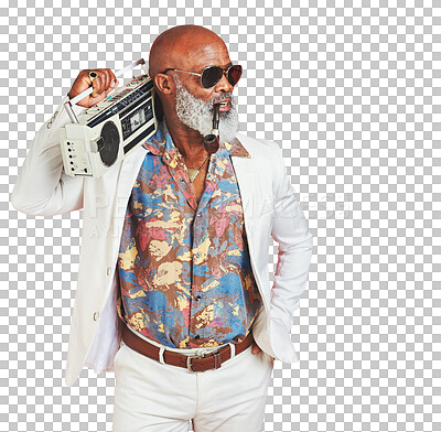 Buy stock photo Fashion, thinking and senior man with boombox, vintage and stylish outfit isolated on a transparent background. African person, artistic or model with a speaker, sunglasses and png with retro clothes