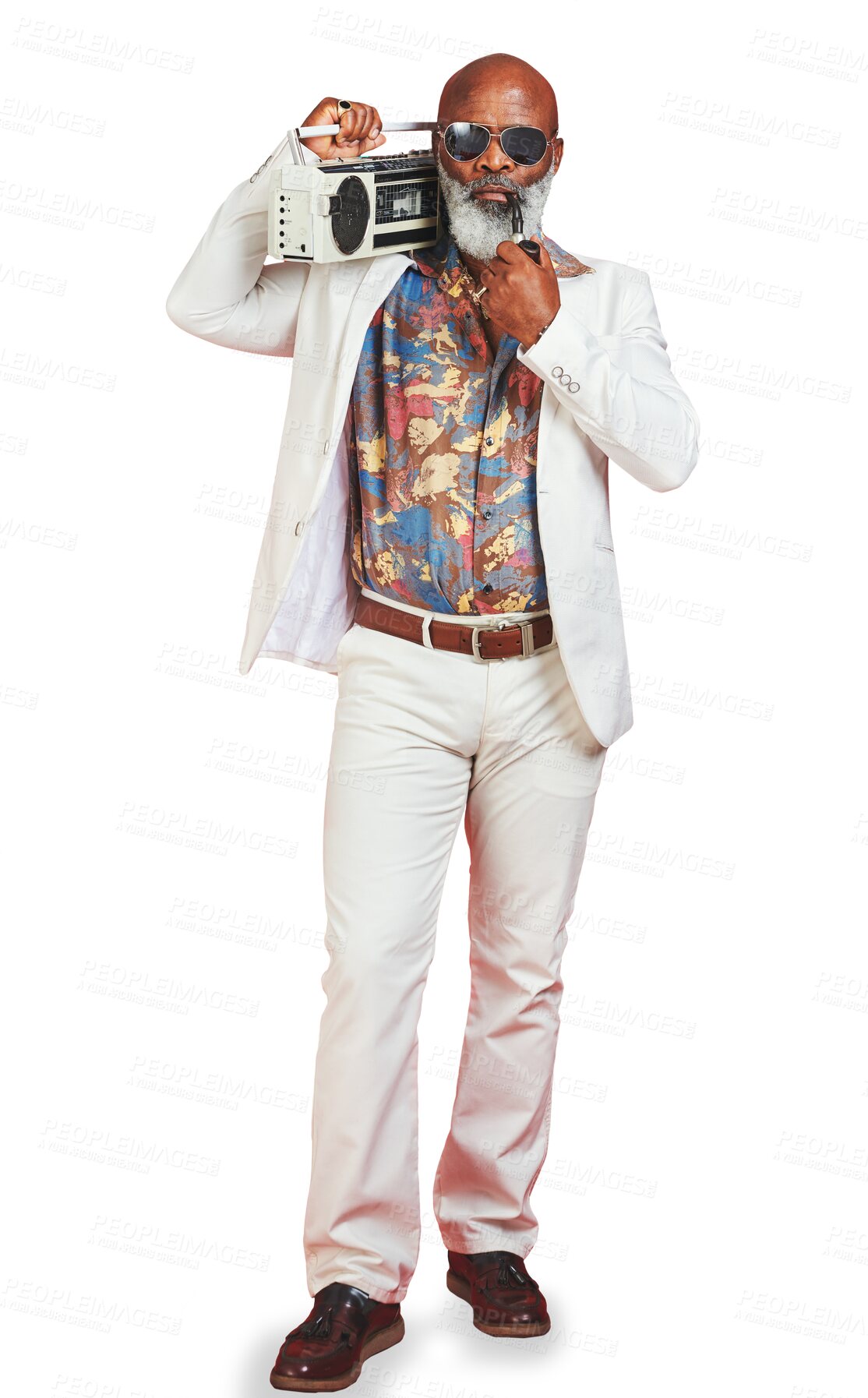 Buy stock photo Portrait, fashion and boombox with a senior black man isolated on a transparent background for music. Radio, pipe and tobacco with an elderly person listening to audio sound on PNG while smoking