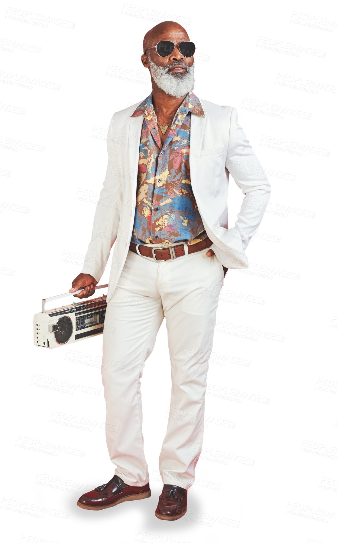 Buy stock photo Thinking, fashion and boombox with a senior black man isolated on a transparent background for music. Radio, idea and style with an elderly person listening to audio sound on PNG while looking away