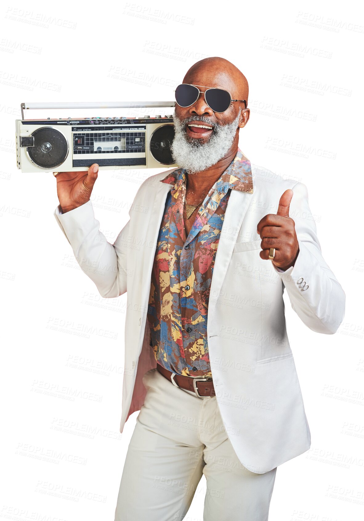 Buy stock photo Portrait, thumbs up and music with a senior black man isolated on transparent background for support. Radio, thank you or success with an elderly person listening to audio sound on PNG for motivation