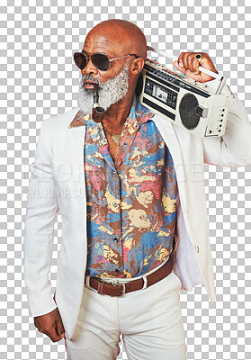Buy stock photo Smoke, fashion and radio with a senior black man isolated on a transparent background for music. Boombox, pipe and tobacco with an elderly person listening to audio sound on PNG while smoking