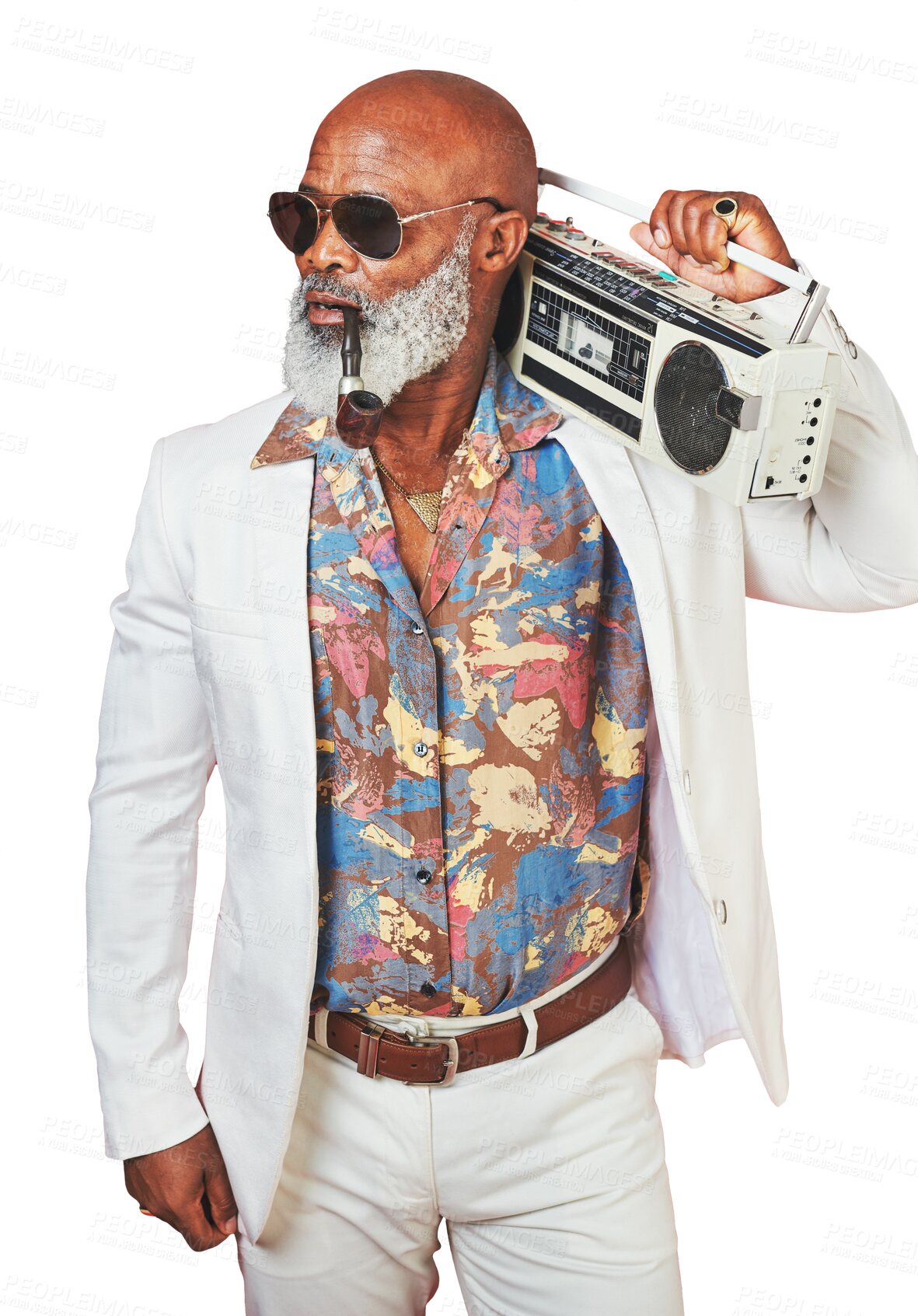 Buy stock photo Smoke, fashion and radio with a senior black man isolated on a transparent background for music. Boombox, pipe and tobacco with an elderly person listening to audio sound on PNG while smoking