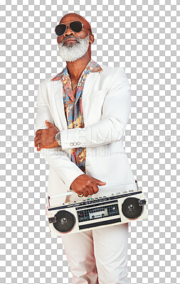 Buy stock photo Portrait, fashion and boombox with an elderly black man isolated on a transparent background for music. Radio, retro and sunglasses with a senior person listening to audio sound on PNG to relax