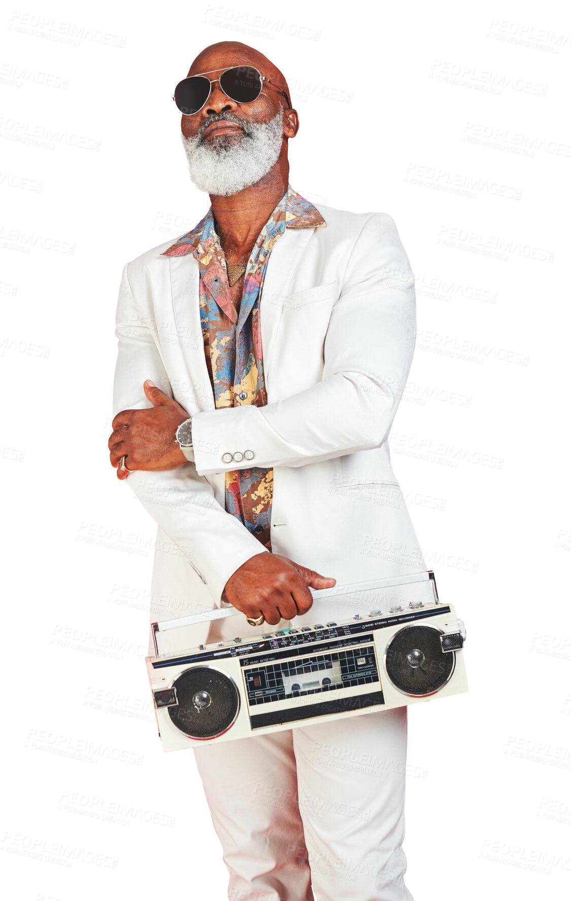 Buy stock photo Portrait, fashion and boombox with an elderly black man isolated on a transparent background for music. Radio, retro and sunglasses with a senior person listening to audio sound on PNG to relax
