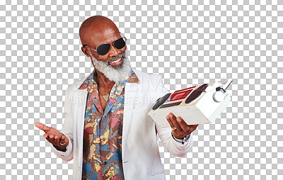 Buy stock photo Vintage, boombox and senior man with fashion, smile and stylish clothes isolated on a transparent background. African person, happy pensioner and model with speaker, music and retro outfit with png