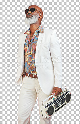 Buy stock photo Idea, fashion and boombox with a senior black man isolated on a transparent background for music. Radio, thinking and relax with an elderly person listening to audio sound on PNG for vintage style