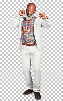Buy stock photo Vintage, dance and senior man with a smile, fashion and happy guy isolated on a transparent background. African person, mature model and pensioner with energy, retro clothes and funky outfit with png