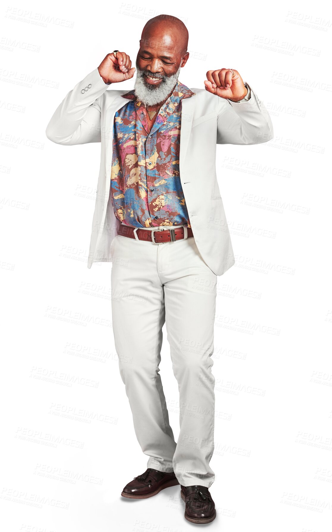Buy stock photo Vintage, dance and senior man with a smile, fashion and happy guy isolated on a transparent background. African person, mature model and pensioner with energy, retro clothes and funky outfit with png