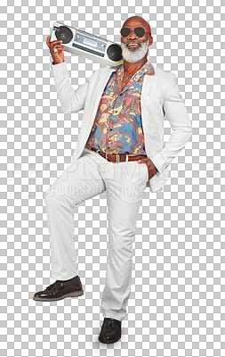 Buy stock photo Portrait, smile and boombox with a senior black man isolated on a transparent background for music. Radio, fashion and happy with an elderly person listening to audio sound on PNG while dancing