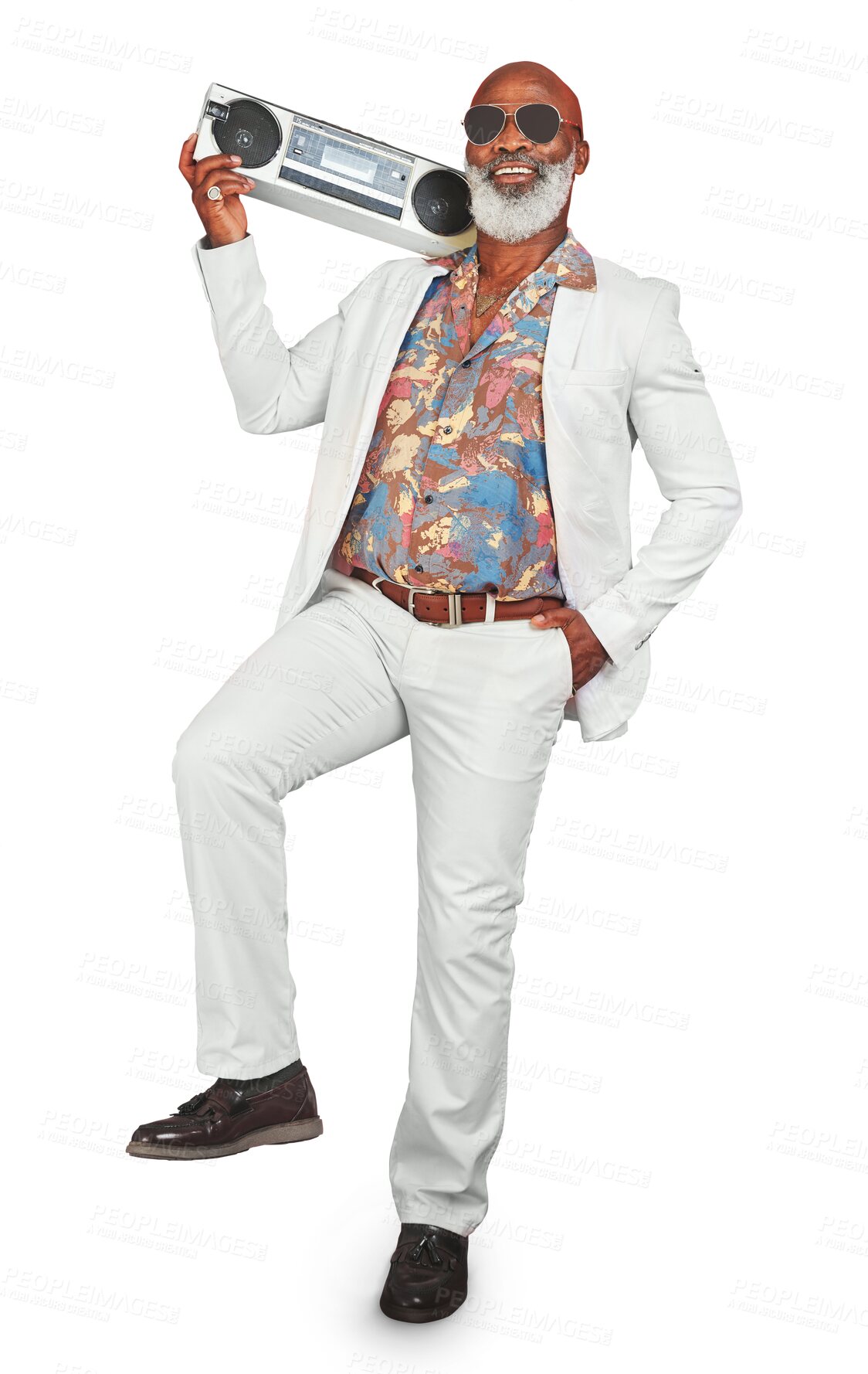 Buy stock photo Portrait, smile and boombox with a senior black man isolated on a transparent background for music. Radio, fashion and happy with an elderly person listening to audio sound on PNG while dancing