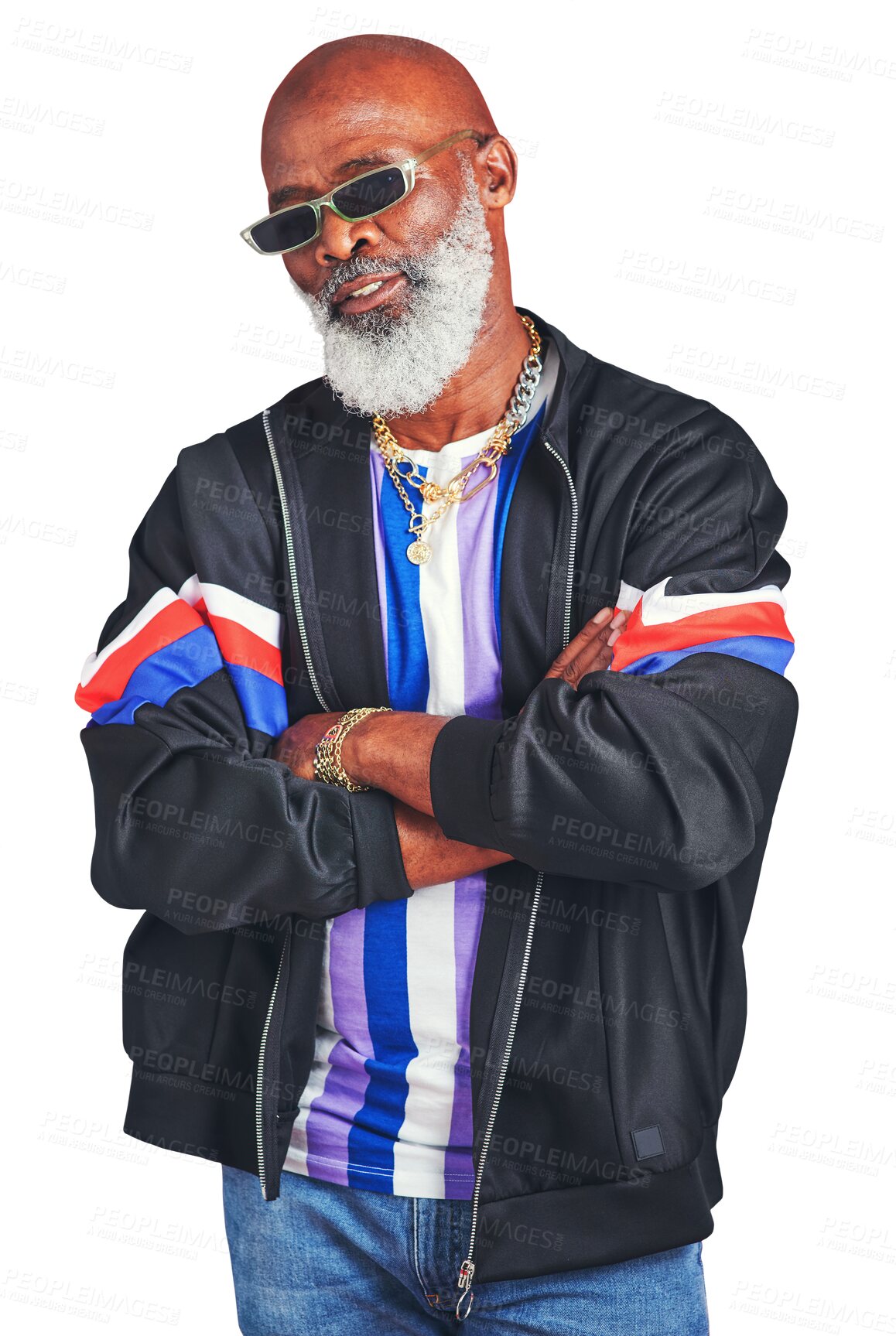 Buy stock photo Portrait, hip hop and arms crossed with a senior black man isolated on a transparent background for style. Retro fashion, sunglasses and elderly gangster or hipster on PNG in an urban clothes outfit 