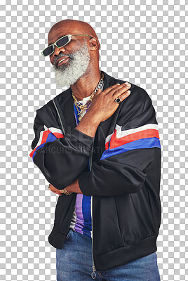Buy stock photo Fashion, smile and senior man with vintage clothes, sunglasses and pensioner isolated on a transparent background. African person, old guy and model with stylish eyewear and retro outfit with png