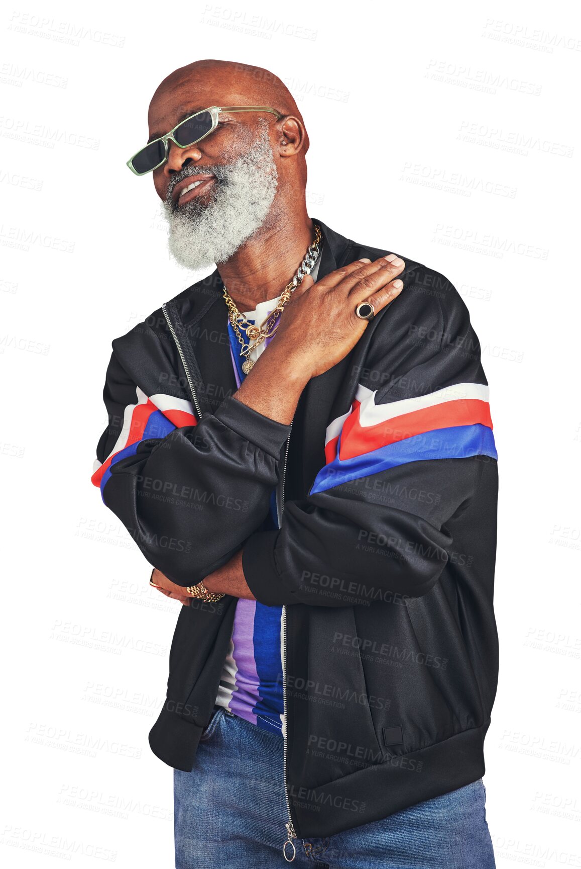 Buy stock photo Fashion, smile and senior man with vintage clothes, sunglasses and pensioner isolated on a transparent background. African person, old guy and model with stylish eyewear and retro outfit with png