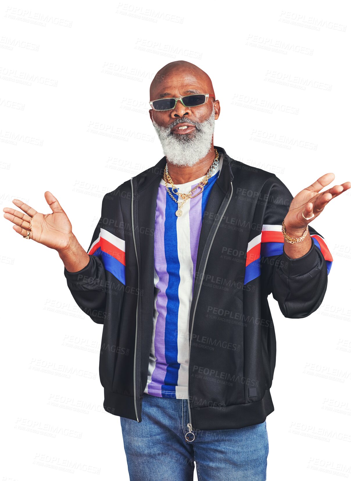 Buy stock photo Portrait, shrug and senior man with fashion, artist and funky sunglasses isolated on a transparent background. African person, mature guy or model with eyewear, doubt and fashion with png and stylish