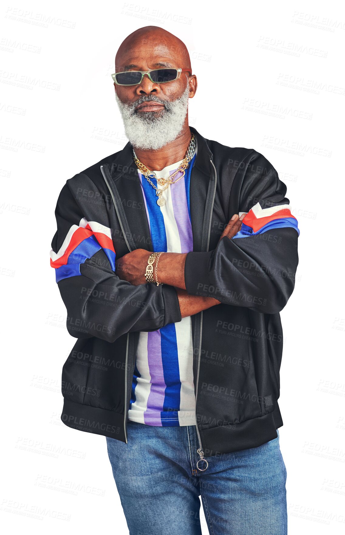Buy stock photo Portrait, fashion and arms crossed with a senior black man isolated on a transparent background for style. Retro, sunglasses and hip hop with an elderly gangster on PNG in an urban clothes outfit