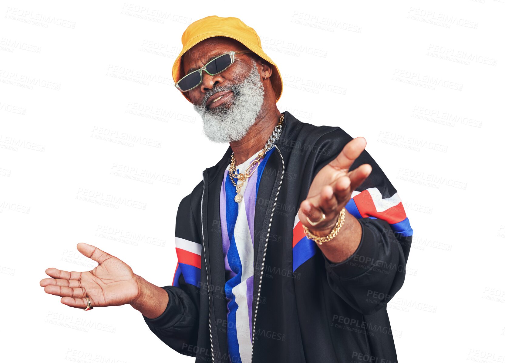 Buy stock photo Portrait, fashion and urban with a senior black man isolated on a transparent background for hip hop style. Retro, sunglasses and attitude with an elderly person on PNG to gesture a question