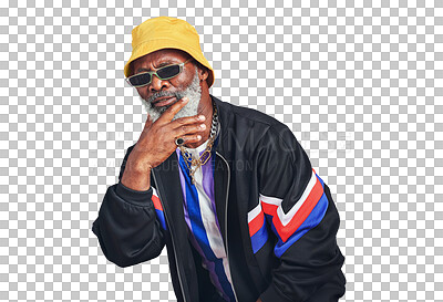 Buy stock photo Portrait, artist and senior man with fashion, retro and funky sunglasses isolated on a transparent background. Face, pensioner and mature person with vintage outfit, retro clothes and png with style