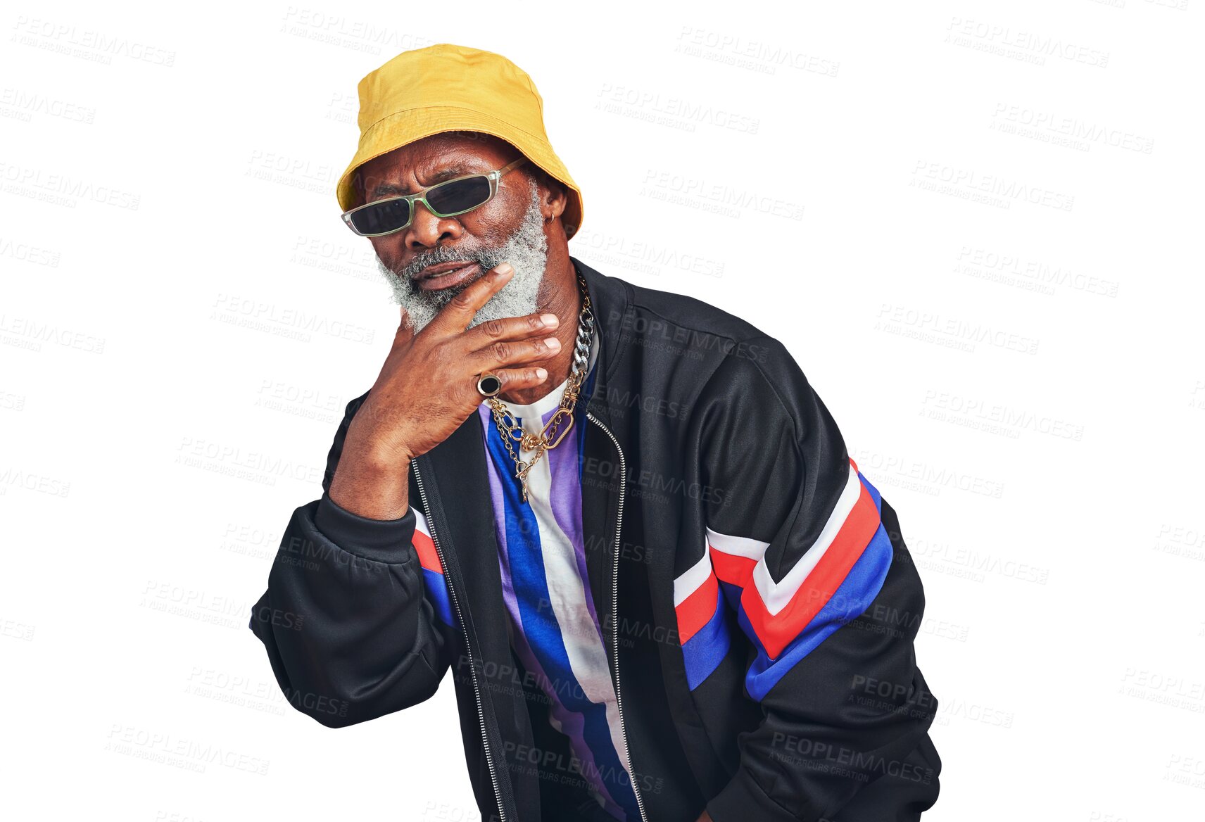 Buy stock photo Portrait, artist and senior man with fashion, retro and funky sunglasses isolated on a transparent background. Face, pensioner and mature person with vintage outfit, retro clothes and png with style