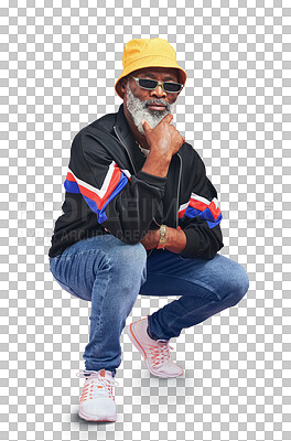 Buy stock photo Portrait, attitude and urban with a senior black man isolated on a transparent background for hip hop style. Retro, sunglasses and fashion with an elderly person on PNG to gesture a question