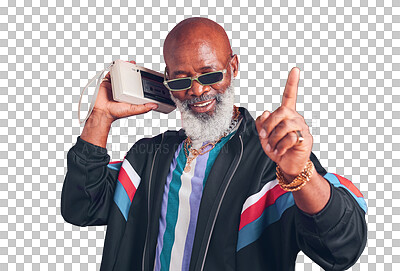 Buy stock photo Senior man, cassette player or fashion with music, smile or sunglasses isolated on transparent background. African person, mature guy or pensioner with retro sound, stylish clothes or energy with png