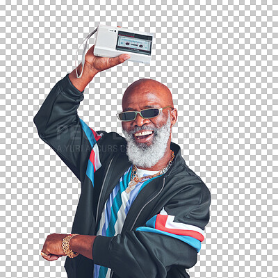 Buy stock photo Portrait, senior man and cassette player with fashion, dance and happy guy isolated on a transparent background. Face, mature person and old model retro music, png and energy with happiness and sound