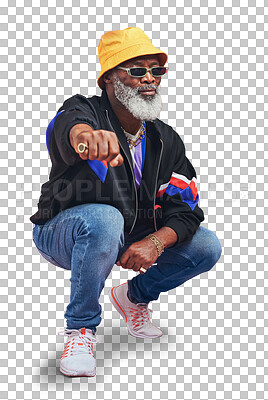 Buy stock photo Portrait, fashion and retro with a senior black man isolated on a transparent background for hip hop style. Urban, sunglasses and attitude with an elderly person on PNG to gesture a fist emoji