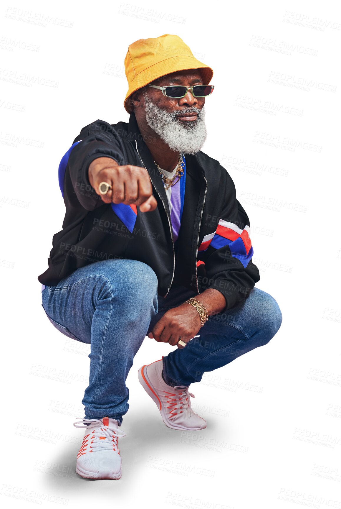 Buy stock photo Portrait, fashion and retro with a senior black man isolated on a transparent background for hip hop style. Urban, sunglasses and attitude with an elderly person on PNG to gesture a fist emoji