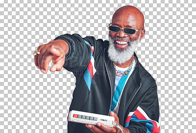Buy stock photo Dance, fashion and senior man with cassette player, smile and retro clothes isolated on a transparent background. Pointing, mature person or old model with vintage outfit, pensioner and png with tape