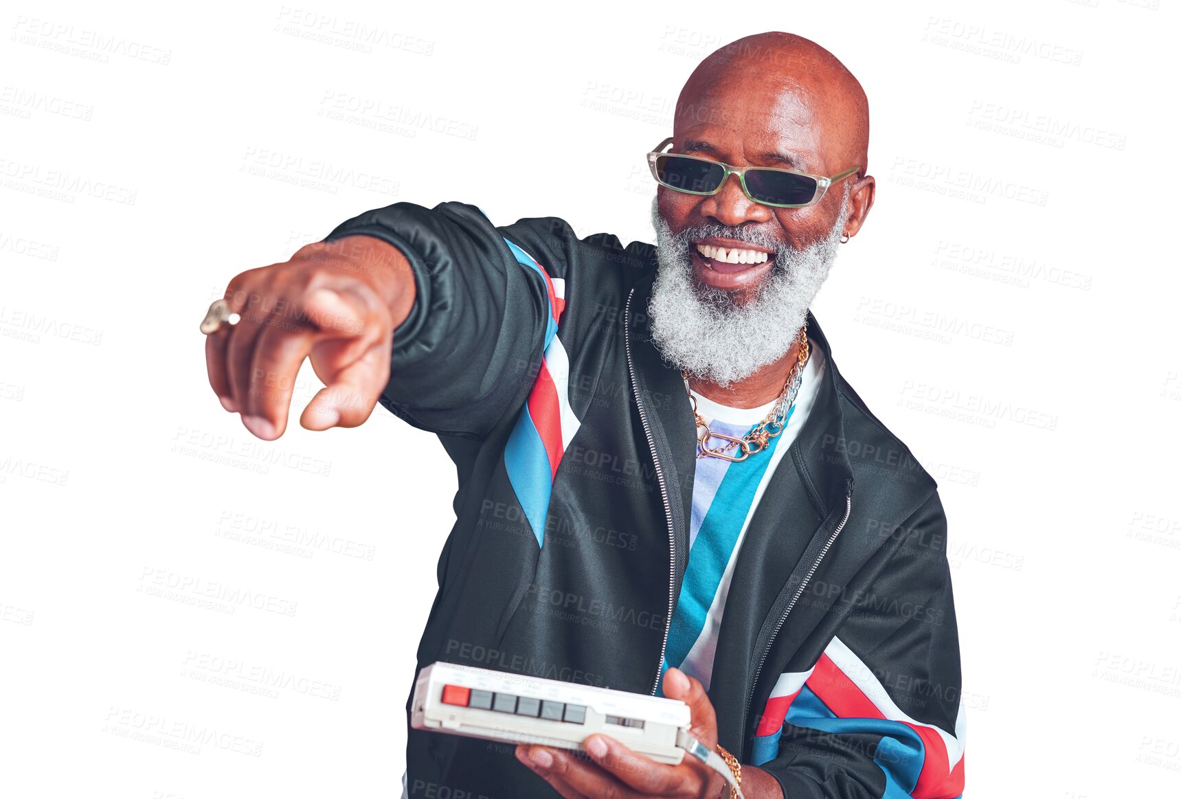Buy stock photo Dance, fashion and senior man with cassette player, smile and retro clothes isolated on a transparent background. Pointing, mature person or old model with vintage outfit, pensioner and png with tape