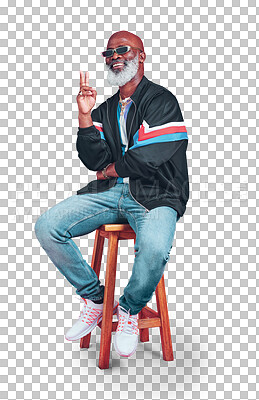 Buy stock photo Portrait, smile and senior man with peace sign, support and fashion isolated on a transparent background. African person, mature model and pensioner with hand gesture, feedback and review with png