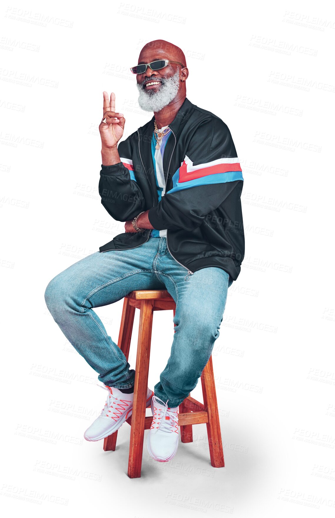 Buy stock photo Portrait, smile and senior man with peace sign, support and fashion isolated on a transparent background. African person, mature model and pensioner with hand gesture, feedback and review with png