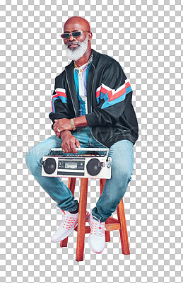 Buy stock photo Portrait, boombox and senior man on a chair, fashion and stylish guy isolated on a transparent background. African person, mature model or pensioner with a speaker, png and vintage clothes with music
