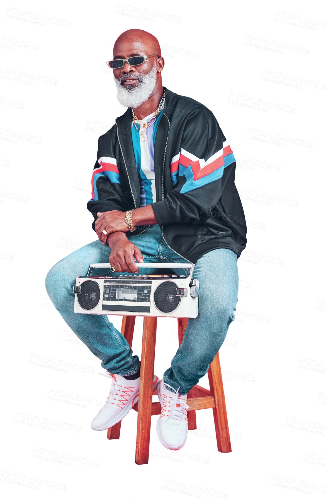 Buy stock photo Portrait, boombox and senior man on a chair, fashion and stylish guy isolated on a transparent background. African person, mature model or pensioner with a speaker, png and vintage clothes with music