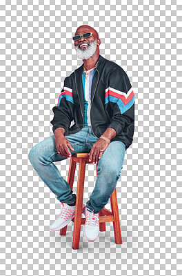 Buy stock photo Happy senior black man, retro fashion or cool outfit in casual style isolated on png transparent background. Sunglasses, vintage or African person in streetwear on chair with confidence or smile